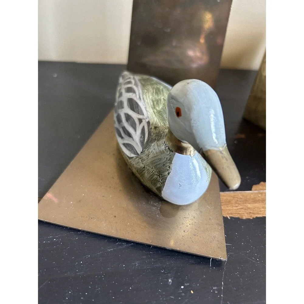 Vintage Hand Painted Enameled Brass Duck‎ Decoy Bookends